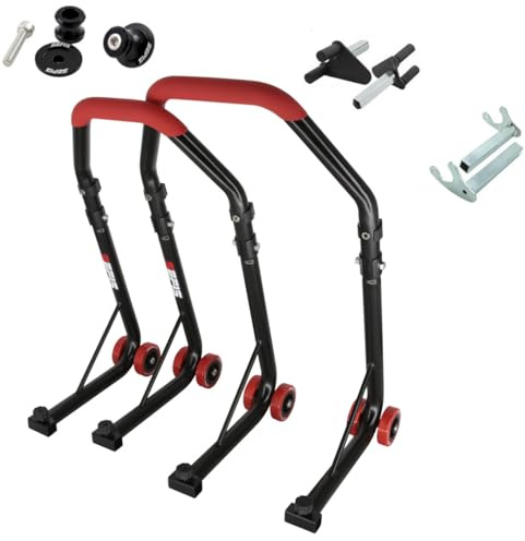 SEFIS D18 Set cavalletto per moto M8 con boccole a prisma per ruota anteriore e posteriore, supporto per moto, cavalletto di servizio anteriore e posteriore, cavalletto da montaggio per moto (Rosso