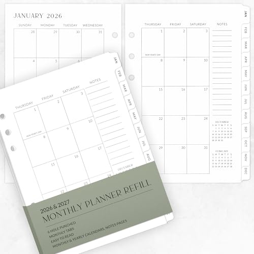 Beautiful 2026-2027 Monthly Planner Inserts for 6 Ring Binders – Durable A5 Paper Refill Set 5.7 x 8.3 - Refills Incl. Tabs & Yearly, Monthly Calendar Spreads - From December 2025 - December 2027