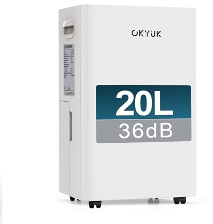 OKYUK Elektrisk avfuktare 10 l med digital luftfuktighetsindikator, avfuktare för hemmet 60 m² med automatisk avstängning, perfekt för husbil, badrum, källare (20 l vit)