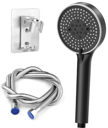 PISTISJACK Duschhuvud, duschhandtag med 2 m slang, högtryck, 5 stråltyper, vattenbesparing, duschhuvud för badrum, rund dusch (120 mm) (svart lack)