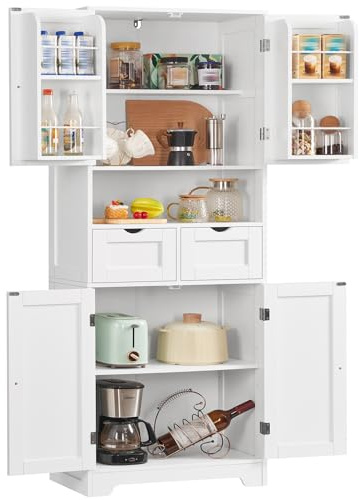 TEENFON Credenza Cucina Alta, Mobile Dispensa Alto 4 Ante e 2 Cassetti con Ripiani Regolabili e Portaspezie sulla Porta, Armadio Multiuso per Cucina, Soggiorno, Bagno, 60 x 30 x 161 cm, Bianco