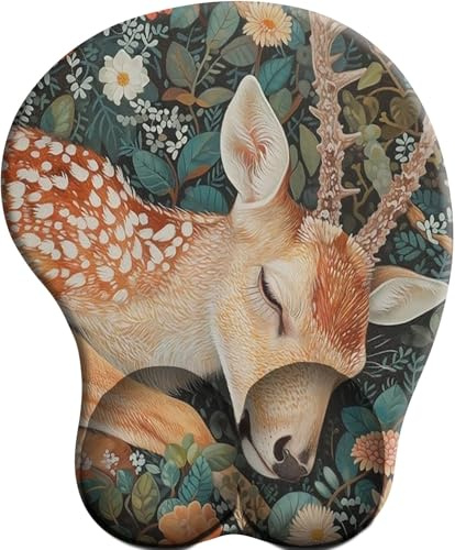 3D Mauspad mit Handauflage, Mauspad Handgelenkauflage，Ergonomisches Mousepad，Gaming Mouse Pad für Computer, Laptop,Büro -Hirsch schläft zwischen Blumen