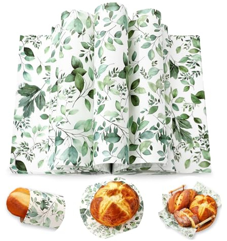 JarThenaAMCS 150 Pcs Sage Green Wax Paper Greenery Eucalyptus Leaves Waterproof Oil-Proof Deli Wax Paper Sheets for Food Sandwich Picnic Basket Liners Wrappers Kitchen Party Supplies