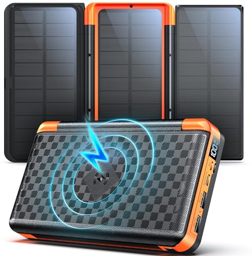 63200mAh Power Bank: Wireless Powerbank mit 3 Solarpanel Faltbar, 22.5W PD Schnellladung, 5 Anschlüsse, 5 Ausgängen, Flashlight, LED Display, Solar Powerbank Groß für Smartphone Tablet (Schwarz)