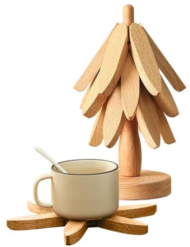 Qkbuza Holzuntersetzer Baum 10 X 10 X 22 cm Untersetzer In Baumform Baum Untersetzer Holz Mit 4 Stück Untersetzers + Halterung Hitzebeständige Faltmatte Für Schüssel