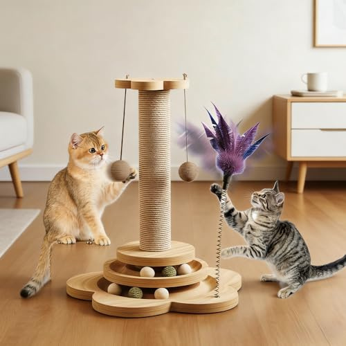 SKIKHN 4-in-1 Kratzbaum & Katzenspielzeug,50 cm Sisal-Kratzpfosten,Kratzbaum Klein mit Hängenden Kugeln, Federn,Interaktiven Bällen,Kratzsäule,Interaktives Katzen Spielzeug für kleine/mittlere Katzen