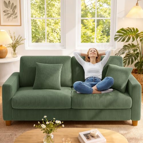 Kidirect Cord Sofa 3 Sitzer, 178CM Bequemes Couch 3 Sitzer, Sofa Wohnzimmer | Big Sofa Couch 53CM Extra Tiefe Sitze, Werkzeugfreie Montage, Modernes Couch fürs Büro, 2 Kissen, Schlafzimmer Sofas Waldgrün