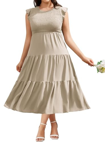 HEEKPEK Vestito Estivo Donna Taglie Forti Abito Lungo Eleganti Vestiti Girocollo con Manica a Volant Elastica Vita Casuale Ampio Abiti da Mare Spiaggia A Linea(Albicocca,4XL)