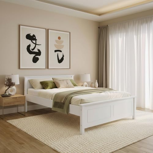 Bellamio Medje Holzbett 140x200 cm – Bett Weiß mit Lattenrost – Bettrahmen aus Kiefer Massivholz – Bettgestell mit Kopfteil – Massivholzbett im Landhausstil mit Kassettenoptik – Doppelbett bis 180 kg