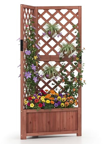 GOPLUS Jardineras con Enrejado Angular de Madera, Cama Elevada de Jardín, Orificios de Drenaje, para Flores Verduras Plantas Trepadoras, Macetero Exterior para Patio Jardín, 55 x 55 x 140 cm (Marrón)