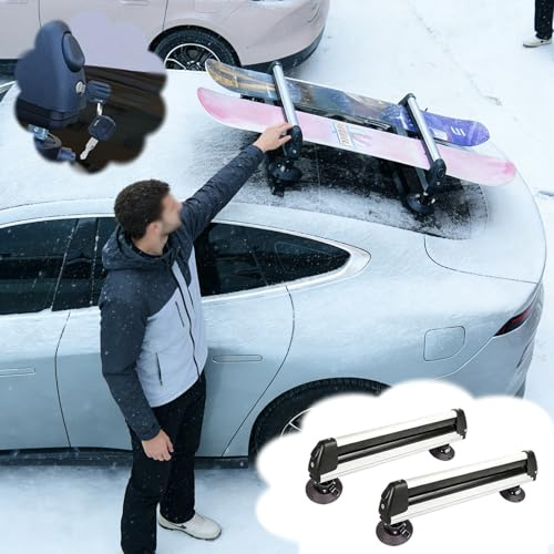 Skiträger Abschließbarer Anhängerkupplungsträger für Snowboards/Ski, Stangenloser Skistockhalter mit Verstellbaren Saugnäpfen, Skiträger für Dachträger(Silver)