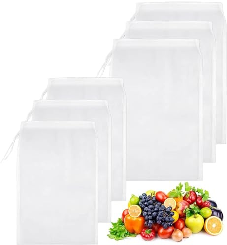 6 Pcs Reusable Cheese Cloths for Straining, 20x30 & 25x35 Fine Mesh Drawstring Bags, Nylon Filter Bags for Nut Milk, Cold Brew Coffee, Juice, Yogurt, Home Brewing