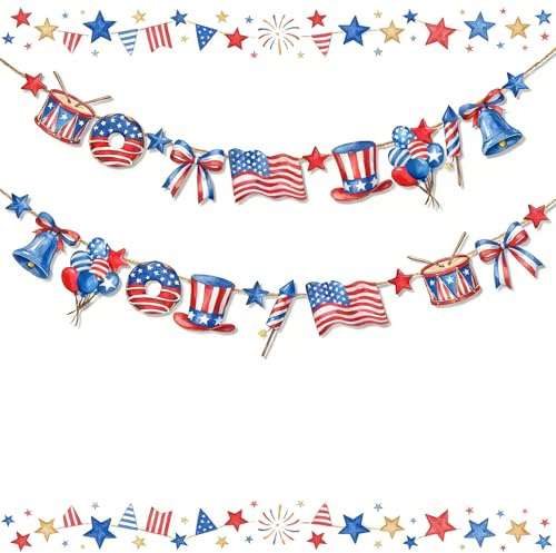 Patriotische Papiergirlande zum 4. Juli mit USA-Flaggen, Sternen & Ballons | Rot-weiß-blaue Partygirlande mit USA-Flaggen, Zylinderhüten, Sternen und Ballons für Independence Day und Memorial Day Deko