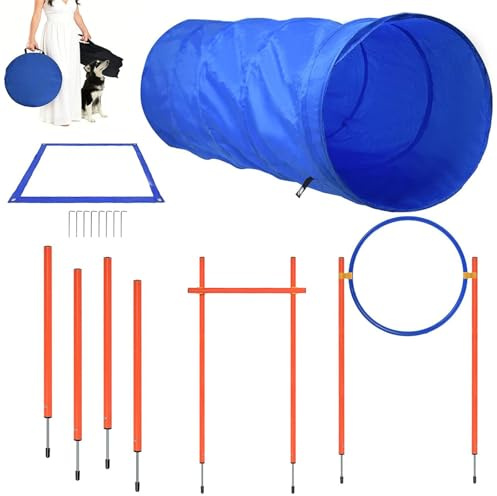 Abhpjuy Agility Set Hunde Agility Reaktionstraining Ausrüstung für Hundetraining Hundesport mit Hundetunnel, Hürden, Slalomstangen, Springring