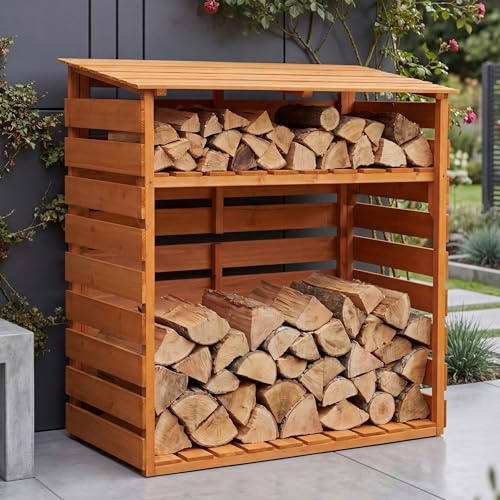 Mendler Brennholzlager HWC-Q16 121x122x61cm Holz - Natur | Kamin-/Feuerholzregal, Holzlager, Holzunterstand, Ablage, Tanne, FSC®