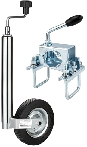 Stützrad Anhänger 150 kg mit Klemmhalter für Vierkantdeichsel 60x60 mm, Vollgummireifen 200 mm, verzinkter Stahl, höhenverstellbar, inkl. Klemmschellen & Schrauben für Wohnwagen, Trailer, PKW Anhänger