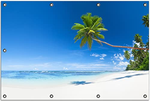 Wallario Outdoor-Poster für Garten oder Balkon Weißer Sandstrand am Meer - EIN Traum unter Palmen, Motivbanner Größe: ca. 80 x 120 cm, Outdoor-Bild