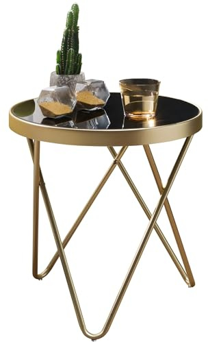 Wohnling Design Beistelltisch Parma 42x46x42cm Couchtisch Rund Schwarz/Matt Gold, Designer Glas-Wohnzimmertisch modern, Glastisch Metallgestell, Kleiner Sofatisch, Runder Metalltisch Wohnzimmer