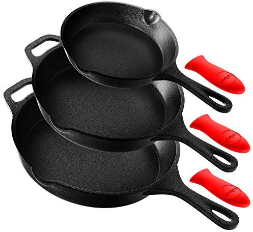 Nutrichef 3pc Pre Seasoned Cast Iron Skillet Pan, Cast Iron Frying Pans Nonstick, Oven Safe Cookware Set w/Silicone Handle, Drip Spout, Indoor/Outdoor Use, for Induction & All Cooktops