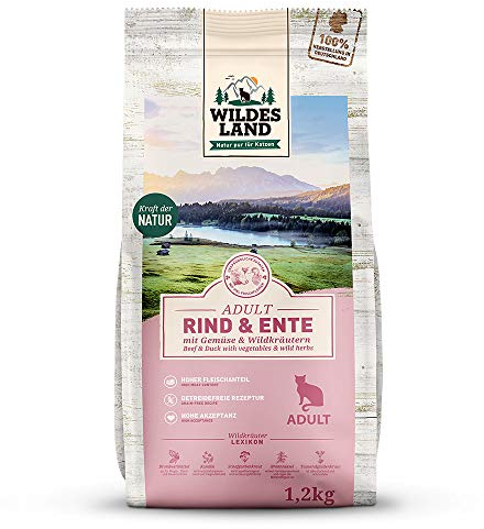 Wildes Land - 4 x 1,2 kg - Trockenfutter für Katzen - Rind und Ente - Getreidefreie Rezeptur - Hoher Fleischanteil - In Deutschland zubereitet - Hoher Eiweißanteil - Natürliche Zutaten