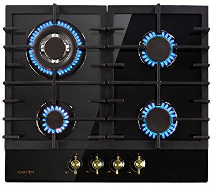 KLARSTEIN Victoria - Piano Cottura a Gas, 4 fuochi, 60 cm, da Incasso, Bruciatori Sabaf, Gas Metano/Propano, Valvole di Sicurezza, Spegnimento Automatico, Supporto Pentole in Ghisa, Nero