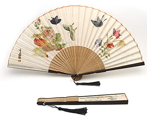 1SourceTek Silk Hand Held Folding Fans 8.27 inches (21cm) Women Hand Held Folding Fans With a Fabric Sleeve Protection for Gifts - Chinese Retro Style (Colorfu Butterfly)