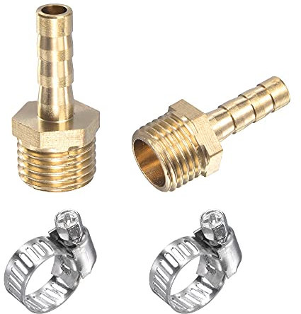 sourcing map Brass Hose Barb Fitting Straight 6mm x G1/4 Male Thread Pipe Connector with Stainless Steel Hose Clamp, Pack of 2