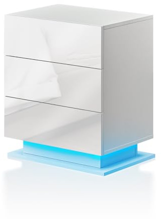 TUKAILAI Nachttisch mit LED, Beistelltisch Weiß, Nachtschrank mit 3 Schublade, Nachtkasten modern für Wohnzimmer und Schlafzimmer