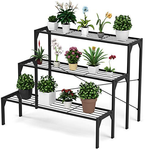 COSTWAY 3 Tier Plant Stand, Stair Style Metal Flowers Pot Holder Storage Shelf, Ladder Plants Display Rack for Indoor Outdoor Balcony Garden Yard (Straight, without Foot Pads)
