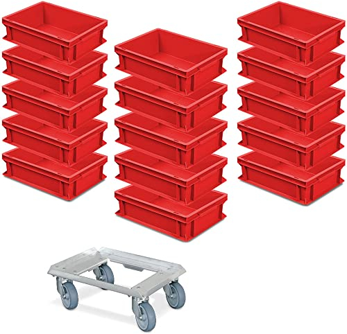 BRB 15er Spar-Set Euro-Behälter Plus Transportroller, 400x300x120 mm in Farbe rot Industriequalität lebensmittelecht
