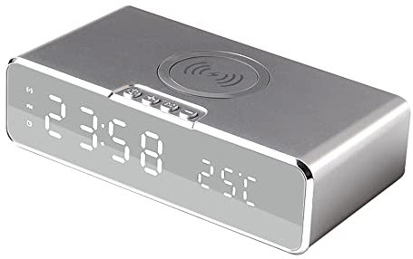 Digital Alarm Clock with Wireless Charger,LED Desk Alarm Clock with Thermometer and Time, 10W Qi-Certified Wireless Charger for Bedroom, Home & Office-Sliver (Silver)