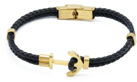 Du Sablon - Bracelet Homme Style Marin en Cuir Tressé Noir avec Ancre Dorée en Acier Inoxydable | Élégant, Léger et Original avec Fermoir Tiroir