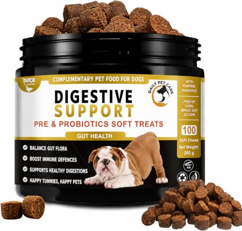 Probiotics for Dogs – Dog Probiotic Soft Chews Duck Flavour with 5 Billion CFU Pre & Probiotics – Daily Digestive & Gut Support Supplement for Dogs – Pumpkin & Linseed Oil – 100 Chews