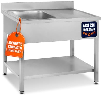 GastroHero Spültisch, Becken links, 100x60 cm, Edelstahl SPT-BASIC10X6L | Abtropffläche rechts, mit Grundboden, 100 mm Aufkantung, 1 Becken, nach Hygiene- und Sicherheitsrichtlinien produziert