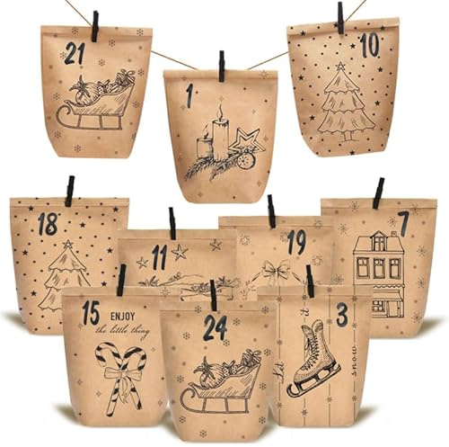 KOHMUI Adventskalender zum Befüllen, 24 Weihnachtskalender Papiertüten zum Selber Basteln, DIY Geschenktüten zum selbst füllen, Kraftpapiertüten Advents Tüten Selbstbefüllen für Kinder & Erwachsene