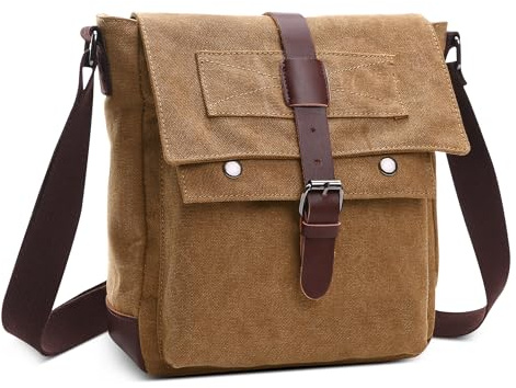 DORRISO Leicht Herren Schultertaschen Klein Vintage Umhängetasche für 10.9 Zoll iPad mit Verstellbarem Riemen Mehrere Taschen für Lässig Urlaub Reisen Täglich Herren Canvas Kuriertasche Braun