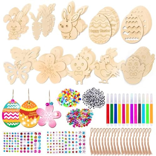Funmo Holzanhänger Ostern Zum Bemalen,264 Stück Holzanhänger Ostern Zum Bemalen Osterdeko basteln Kinder Osterhase Ostereier Küken