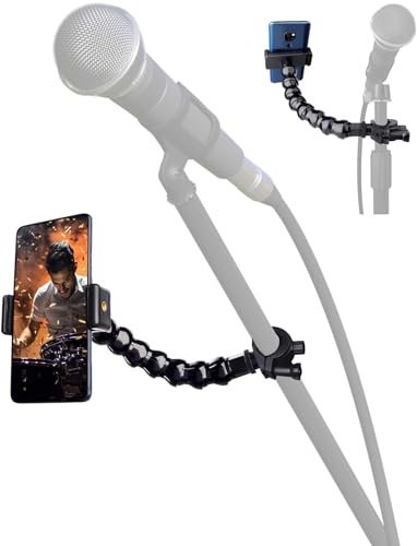 LMS Mic Stand Phone Holder, Phone Holder for Microphone Stand with Flexible Gooseneck, Music Stand Phone Holder Mount for Singing, Adjustable Mic Stand Cell Phone Holder for iPhone Samsung Pixel