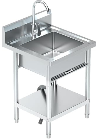 PurezmMoto Utility Sink Freestanding Single Bowl Laundry Sink with Hot and Cold Water Plumbing Stainless Steel Sink for Kitchen and Bathroom Farmhouse Style