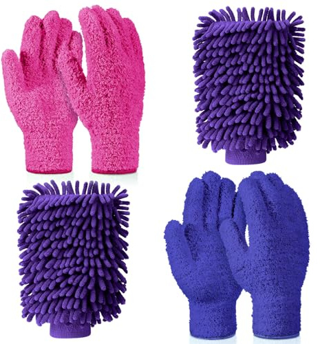 Potchen 2 Pairs Microfiber Dusting Mitt Gloves with 1 Pair Microfiber Dusting Mitt Washable Dusting Gloves for Cleaning (Purple, Rose Red)