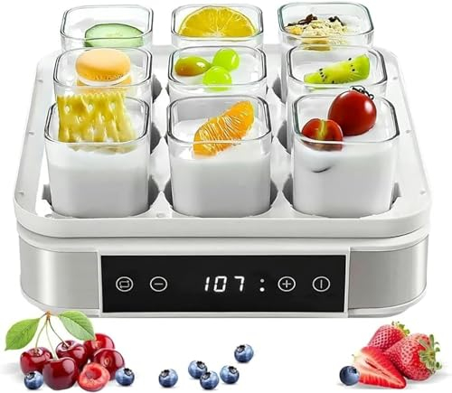 MOSOHINO Yogurtera Digital Automática, Máquina De Yogur Griego con Pantalla LCD Y 9 ​​Frascos De Vidrio Reutilizables, Control De Temperatura Constante Y Tiempo Ajustable, para Yogur Orgánico, Queso