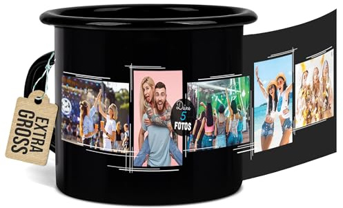 Tassendruck Schwarze Emaille-Tasse - Zum selbst gestalten mit Foto-Collage für 5 Fotos - Geschenk für Familie Freunde, Camper Camping Becher | Personalisiertes Fotogeschenk, Bruchsicher Schwarz 480 ml