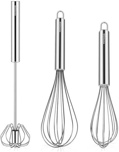 NileHome Stainless Steel Whisk Set 8 10 Hand Blender + 12 semi-Automatic Rotary Kitchen Whisk Balloon Whisk Kitchen Wisk Wire Whisks for Cooking, Whisking, Blending, Beating, Stirring- 3 Pack...