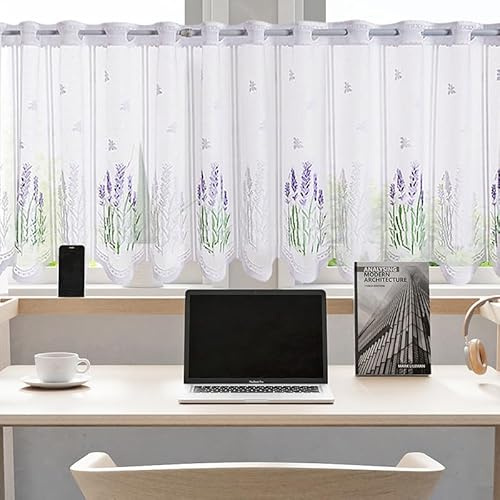 Daliena Jacquard Scheibengardine Spitze Weiß Lochleiste BxH 110x50cm 1Stück | Küchengardine mit Lavendelmuster Kurzgardine Landhaus Fenstergardinen Transparent, Gardine Landhausstil Vintage Kurz