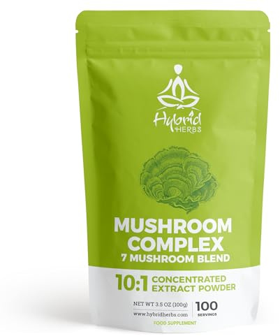 HYBRID HERBS Mushroom Complex Powder 10:1 Extract, 100 Servings | 7 organic mushrooms in one supplement: Lion's Mane, Reishi, Cordyceps, Chaga, Tremella, Shiitake, Maitake, vegan, 100g