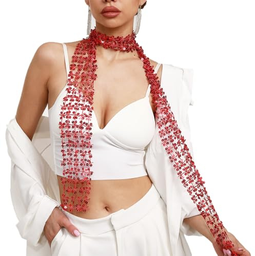 SMTCM Damen Pailletten Schal Kette Glitzer Halstuch Lang Schmale Hals Krawatte Netzschal Punk Paillettennetz Breite Halskette Mesh Stirnband Sparkle Kopftuch Schlips für Fasching Karneval Party 160CM