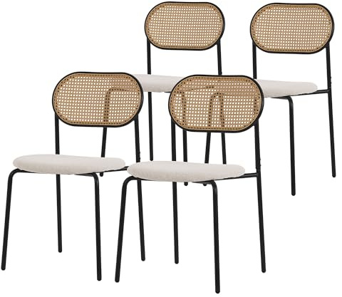 ML-Design Juego de 4 Sillas de Comedor Color Beige Asiento Moderno de Cocina con Respaldo Curvado de Rejilla Tapizado con Patas de Metal, Mueble sin Reposabrazos Sillón Ratán Moderno para Salón