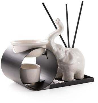 Myga Elephant Oil Burner & Reed Diffuser - Ceramic Wax Melt Burner for Essential Oils & Fragrance Melts - Home Décor for Aromatherapy, Meditation, Stress Relief, Relaxation and Mindfulness Gift
