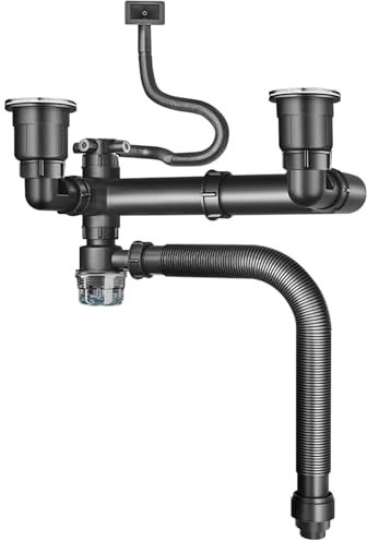 Siphon Doppel Waschbecken, Verstellbar Raumsparsiphon Küchenspüle aus PP, mit versenkbarem Ablaufrohr und 4-Wege-Anschlüsse, Blockierungsfrei und Geruchsresistent, für Küche (Schwarz)
