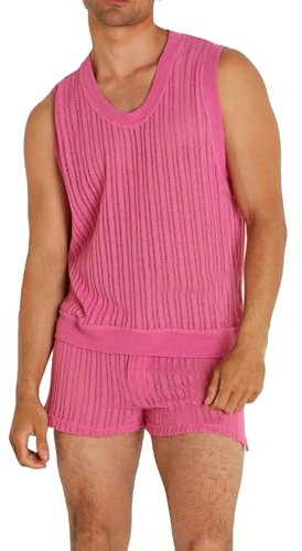 NGNVKDID Conjunto de Camiseta Interior Transpirable de Malla Sexy para Hombre Tops de Rejilla con Cuello Redondo Hollow Out(Rosa,XXL)